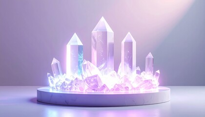 Elegant Arrangement of Clear Quartz Crystals Illuminated by Purple Glow on White Surface