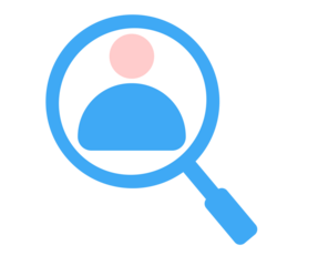 Magnifying glass icon with a simplified user silhouette inside. The silhouette consists of a pink circle for a head and a blue semicircular shape for the body.
