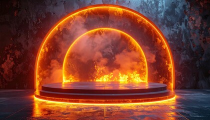 Glowing Orange Circular Frame with Platform Against Concrete Wall Abstract Background
