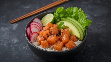 Fresh and colorful salmon poke bowl served with rice, avocado, radish, lime, lettuce, and sesame seeds on dark stone table, healthy Japanese cuisine and balanced clean eating concept