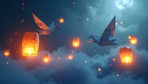 Floating paper lanterns and origami cranes soar through a serene, cloudy night sky under a full moon, creating a peaceful atmosphere with warm, glowing light and soft, blurred details.