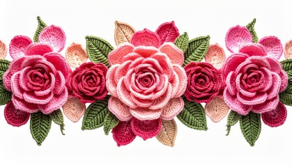 Handmade Crochet Roses and Leaves Border in Shades of Pink and Green on White Background