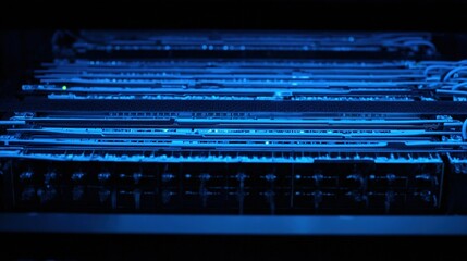 rack. Close-up of glowing blue server rack lights creating an abstract technological pattern on a dark background. product launch decks.