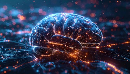Illustration presents a glowing human brain with digital circuits and glowing particles, suggesting concept of artificial intelligence and innovative technology.