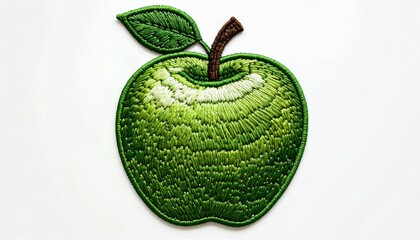 Green Apple Embroidered Patch on White Background with Brown Stem and Textured Green Leaf Detail