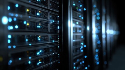 rack. Close-up of glowing blue server rack lights creating an abstract technological pattern on a dark background. product launch decks.