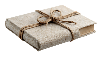 Closed book with a burlap cover and tied with twine isolated on transparent background