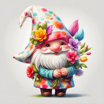Whimsical gnome adorned with a vibrant floral arrangement, radiating cheer and artistic charm, evoking feelings of joy and tranquility.