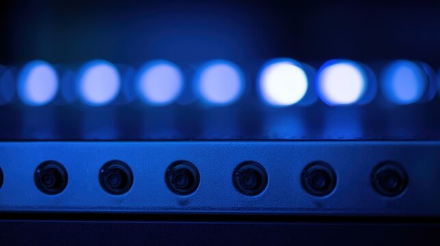 rack. Close-up of glowing blue server rack lights creating an abstract technological pattern on a dark background. product launch decks.