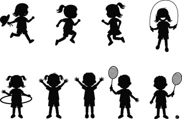 Obraz premium Silhouettes of active children playing outdoors, kids running, jumping rope, playing badminton, childhood fun, sports activity, healthy lifestyle illustration