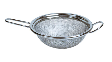 Stainless steel mesh strainer isolated on transparent background for kitchen use