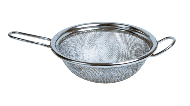 Stainless steel mesh strainer isolated on transparent background for kitchen use