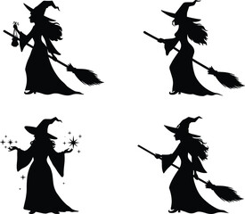 Halloween witch silhouettes with broomstick and magic wand, mystical female character illustration, spooky fantasy art, witchcraft and sorcery design