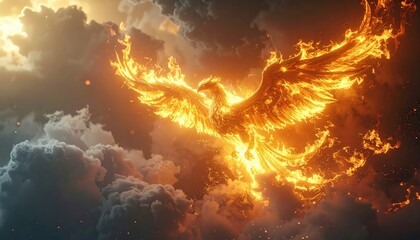 Magnificent fiery creature with outstretched wings, a symbol of renewal, soars through a dramatic, clouded sky filled with swirling smoke, casting an ethereal and warm glow with vibrant shades of...