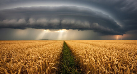 Dramatic storm cloud hovers over a golden wheat field, with sun rays piercing through the dark clouds, creating a striking contrast in the landscape