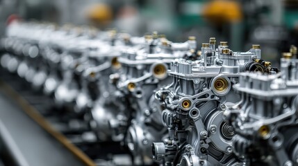 Fototapeta premium New machine parts sit in a row on a manufacturing line.