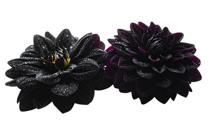 "Black dahlia flowers isolated on white background, realistic dark floral PNG for luxury and creative design"