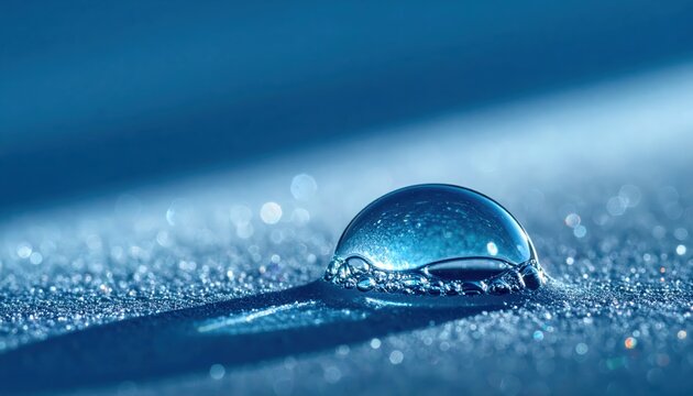A macro photograph reveals a singular water droplet, glistening with iridescent details and forming a perfect sphere on a textured surface, showcasing the purity of water in a cool, blue-toned...