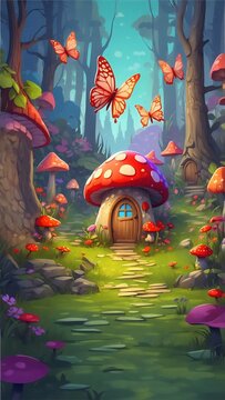 Enchanting forest scene with fantasy mushroom houses and butterflies, embodying whimsy and tranquility.