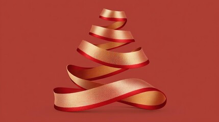 Surreal digital Elegant Red and Gold Ribbon Forming a Christmas Tree Shape on Red Background visual composition