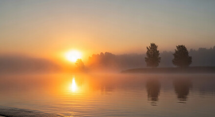 Obraz premium A serene sunrise scene over a calm lake, with the suns golden light filtering through the mist and reflecting on the waters surface