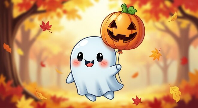 Adorable cartoon ghost holding a spooky jack-o'-lantern balloon floats through a vibrant autumn forest - Powered by Adobe