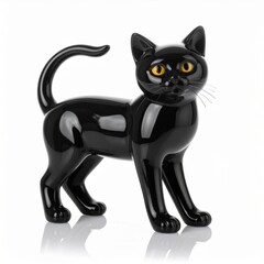 Obraz premium Shiny Black Ceramic Cat Figurine with Yellow Eyes on White Background