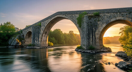 The old bridge of stirling at sunset, a historic landmark reflecting in the calm river, surrounded by lush greenery and a colorful sky