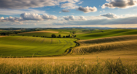 Rolling hills of tuscany under a dramatic sky, a picturesque landscape of green fields and golden wheat, showcasing the beauty of italy