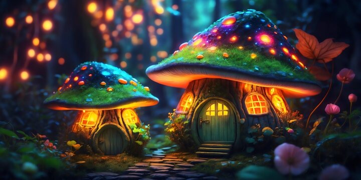 Whimsical mushroom houses illuminated with glowing lights and creating a magical scene. The houses sit in a lush, detailed forest, full of light