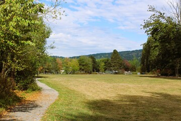 A breeze blowing leaves on trees in an empty park