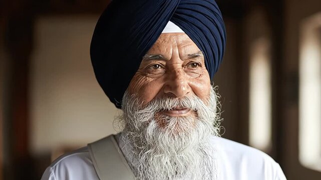 Portrait of a senior Sikh man with a white beard and dark blue turban indoors