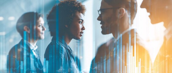 Double exposure of diverse business team collaborating over modern city skyline, corporate networking.