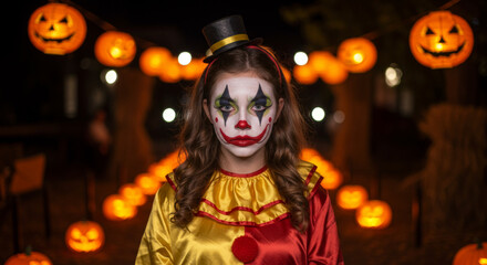 Young girl dressed as clown for Halloween stands festive outdoor setting, surrounded by glowing jack o lanterns and string lights. Her makeup is detailed and expressive, adding spooky yet playful
