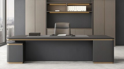 A modern, minimalist office with a large desk, executive chair, shelving, and city views through floor-to-ceiling windows.