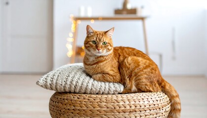 A ginger feline rests comfortably on a woven ottoman topped with a textured pillow, gazing directly at the camera. Soft lighting and home interior