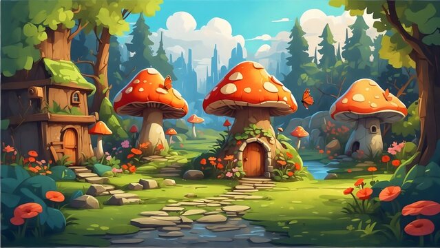 Whimsical fairy mushroom houses nestled amidst a vibrant forest setting, evoking a sense of childlike wonder and adventure.