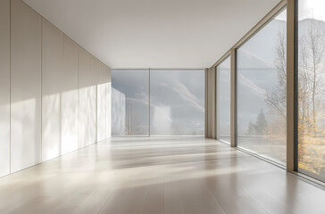 Obraz premium Modern Minimalist Interior with Panoramic Mountain Views