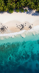 A realistic photography of beautiful diamond beach with gentle wave, clean water, white sand, coconut trees, and stone.