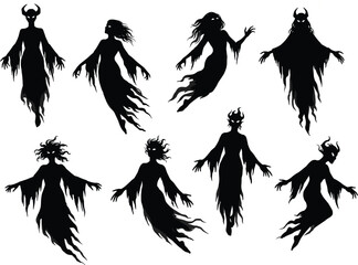 Set of dark ghost silhouettes, demon spirit figures, horror fantasy creatures, haunted shadow characters, spooky monster shapes, Halloween illustration artwork © Shuvo creative