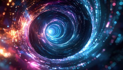 Dynamic digital illustration depicting a glowing spiral tunnel, showcasing a vibrant, mesmerizing light display with luminous dots, evoking a sense of depth and futuristic wonder.