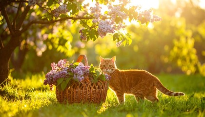 A ginger cat stands near a basket overflowing with purple flowers under a flowering tree, bathed in golden sunlight