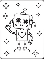 Cute Robot Coloring Page with Heart and Stars  Simple Cartoon Line Art for Kids