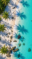 A realistic photography of beautiful diamond beach with gentle wave, clean water, white sand, coconut trees, and stone.