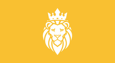 White crowned lion head on gold, centered, with negative space. Use for logo or heraldry, animal-focused designs