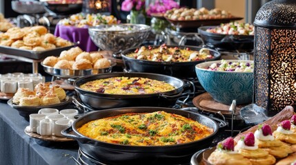 Fototapeta premium Elaborate buffet display features a variety of delicious dishes and appetizers.