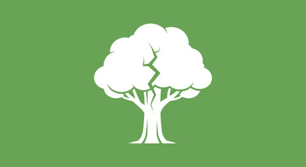 Isolated white tree icon with crack on green background for environmental awareness or sustainable business use