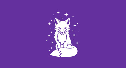White fox sitting against a purple background surrounded by stars, ideal for simple designs