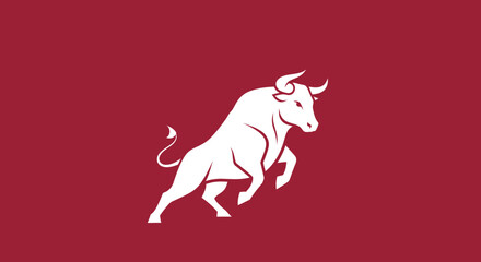 White Bull Rearing Against a Solid Red Background for Graphic Design/Branding