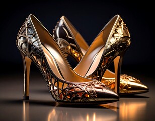 A glamorous pair of pointed-toe high heels, metallic and detailed, resting on a reflective surface with a dark background